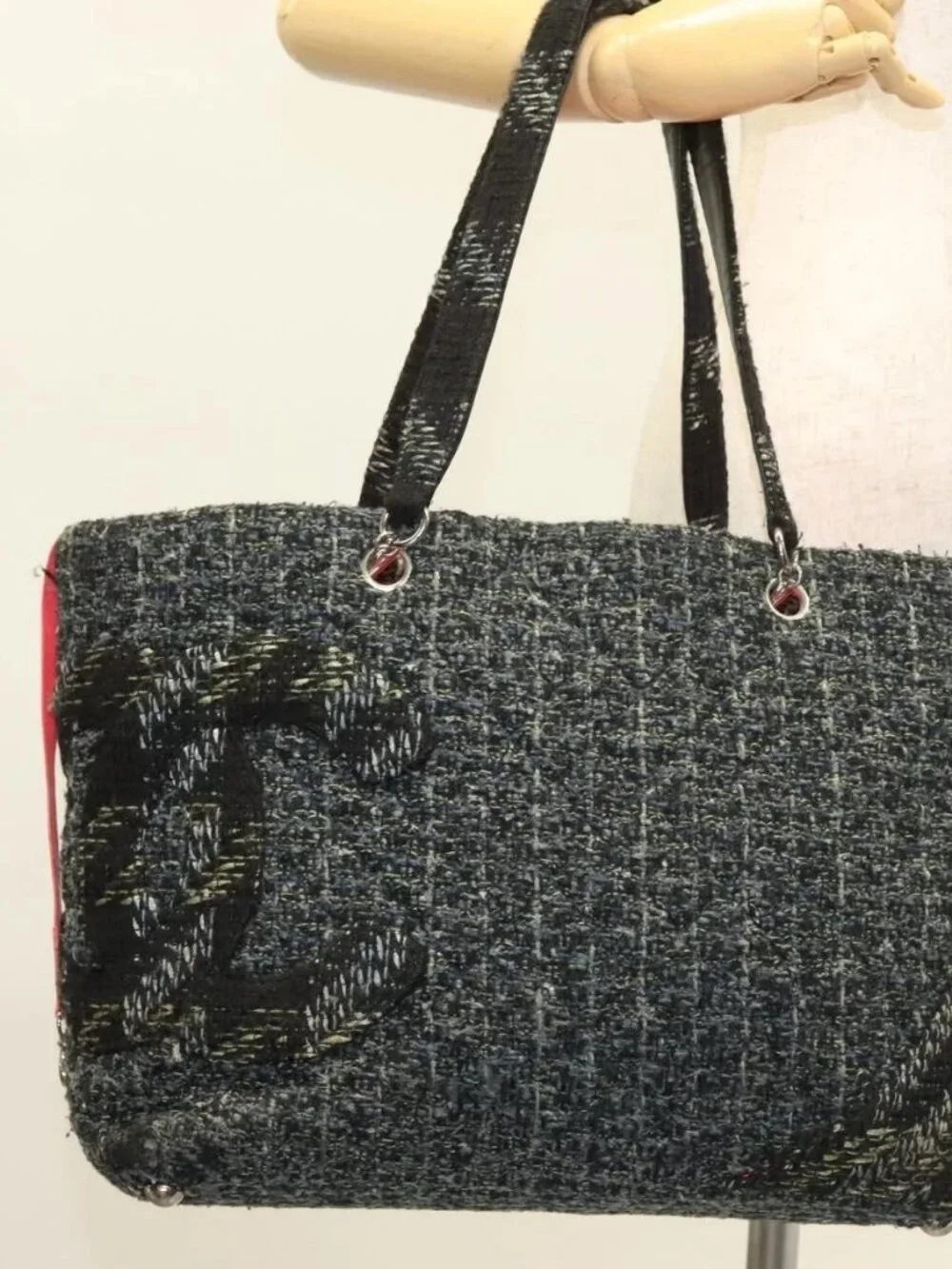 CHANEL Tote Bag Tweed Black Silver CC Auth bs27090